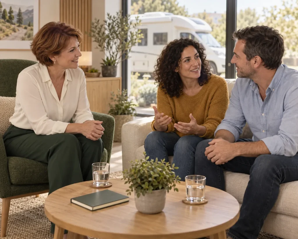 Conseillère échangeant avec un couple de camping-caristes dans un salon lumineux, avec un camping-car visible à l’extérieur