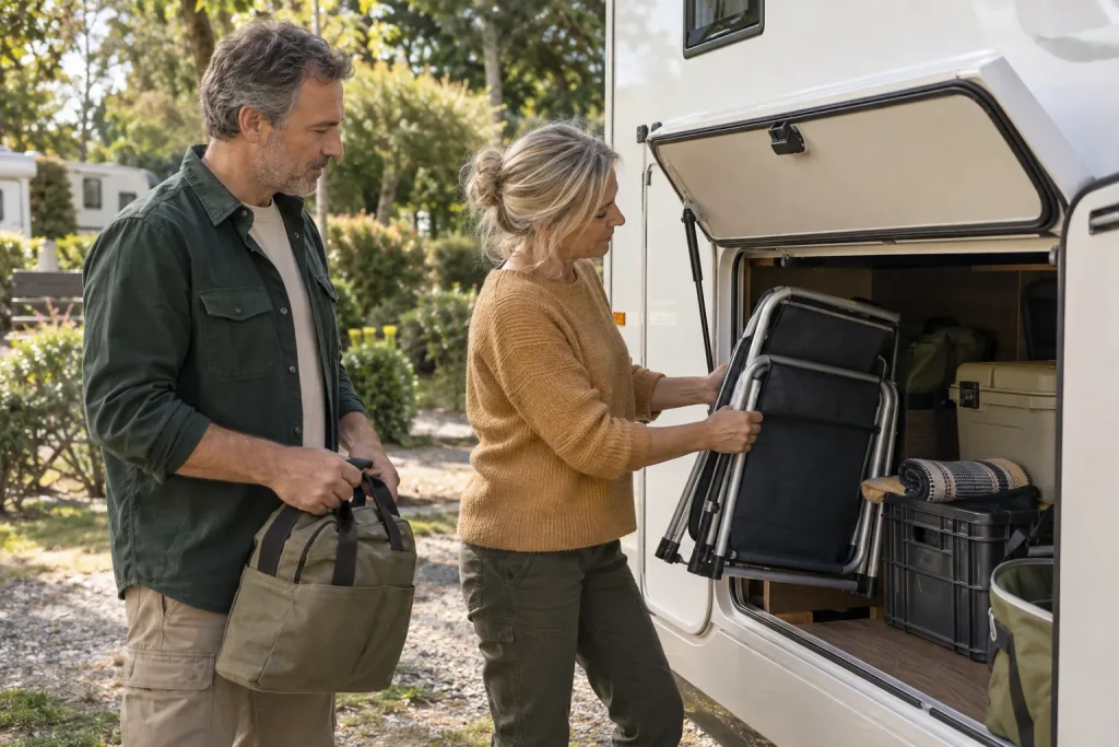 Couple rangeant une chaise pliante et un sac dans la soute ouverte d’un camping-car.