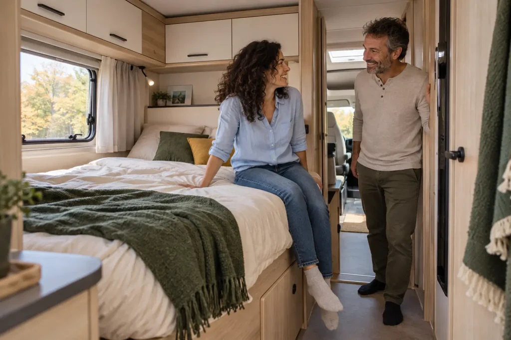 Femme assise au bord du lit double d’un camping-car, échangeant un sourire avec son partenaire debout dans le passage.