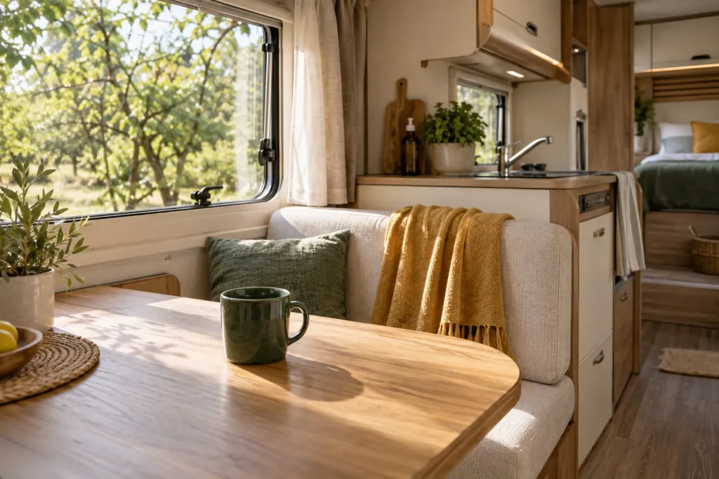 Coin repas et cuisine d’un camping-car, avec banquette claire, table en bois et plaid ocre.