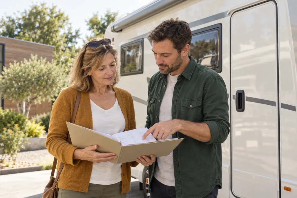 Deux personnes consultent un dossier ouvert à côté d’un camping-car, l’une montrant un passage du document.