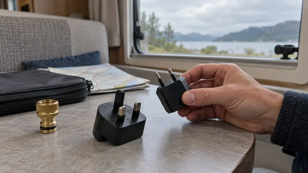 Camping-cariste comparant des adaptateurs avant de voyager à l’étranger en camping-car
