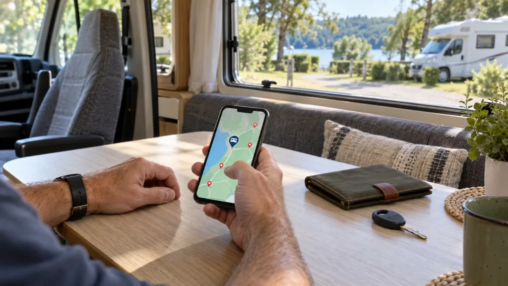 Camping-cariste utilisant une application sur smartphone pour rechercher une aire et des services