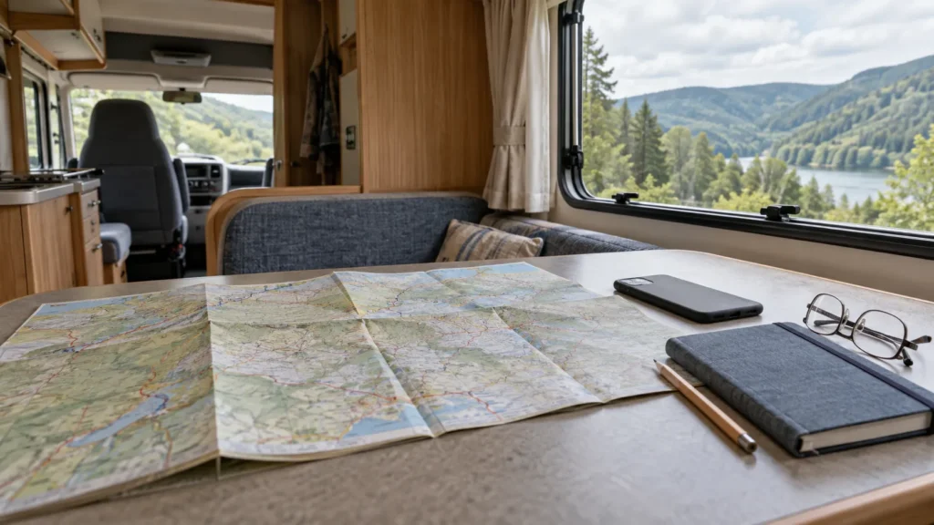 Internet en camping-car : carte routière et smartphone posés sur la table pour préparer un itinéraire hors réseau.