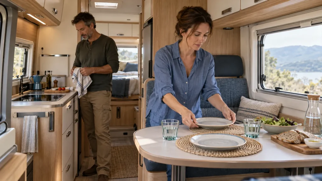 Organiser son camping-car : intérieur lumineux avec des rangements pratiques et un espace de vie dégagé