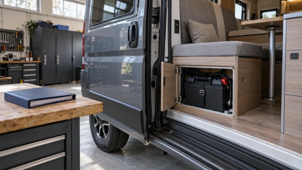 Installation d’électricité en camping-car avec batterie auxiliaire sous une banquette de fourgon aménagé, câblage protégé et compartiment technique ouvert.