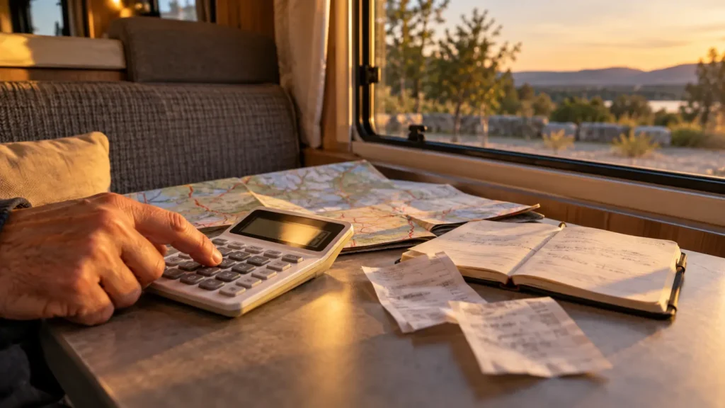 Camping-cariste calculant un budget de voyage en camping-car avec une calculatrice et une carte routière