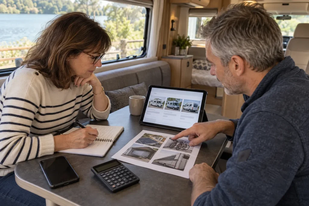 Couple comparant des annonces et des équipements avant de négocier un camping-car