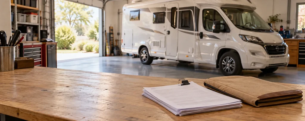 Dossier de suivi du calendrier d’entretien du camping-car posé sur un établi, devant un véhicule stationné dans un garage.