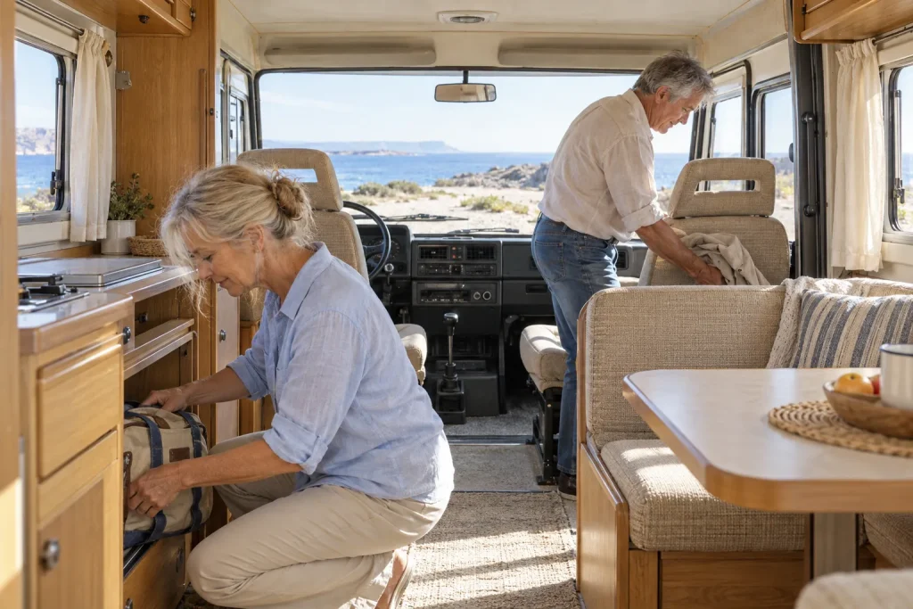 Couple préparant l’intérieur d’un camping-car ancien avant un départ en voyage.