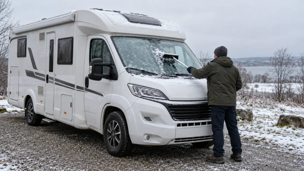 Camping-cariste préparant son voyage en camping-car selon la saison hivernale en dégageant le pare-brise