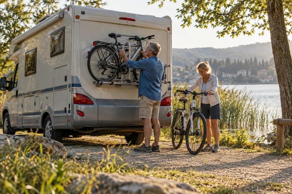 Couple préparant un camping-car d’occasion équipé d’un porte-vélos avant un départ en voyage.