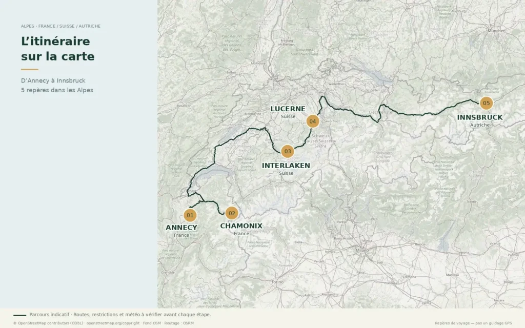 Carte de l’itinéraire en camping-car dans les Alpes françaises, suisses et autrichiennes, d’Annecy à Innsbruck via Chamonix, Interlaken et Lucerne.