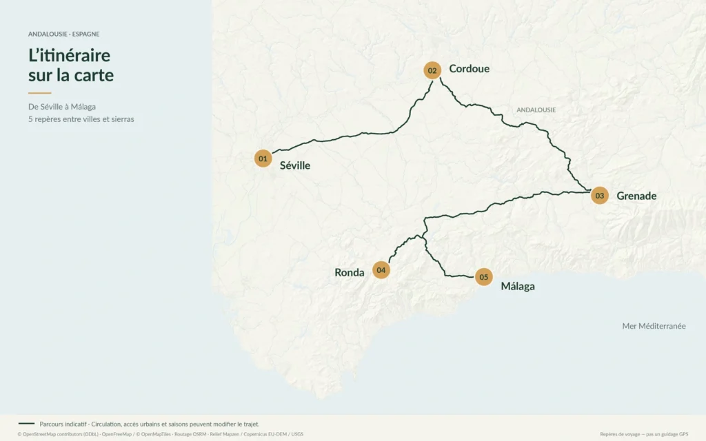 Carte indicative de l’itinéraire en camping-car en Andalousie, de Séville à Málaga via Cordoue, Grenade et Ronda