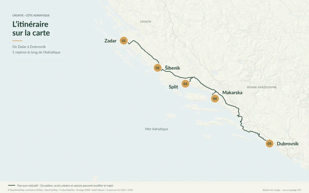 Carte de l'itinéraire en camping-car sur la côte adriatique en Croatie, de Zadar à Dubrovnik via Šibenik, Split et Makarska.