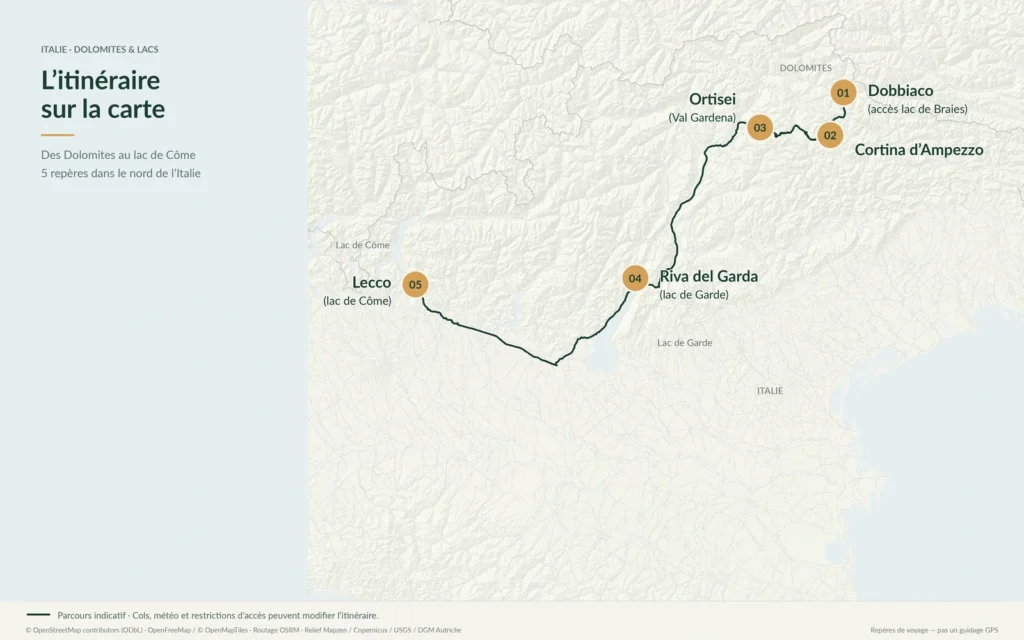 Carte indicative de l’itinéraire dans les Dolomites et les lacs italiens, de Dobbiaco à Lecco via Cortina, Ortisei et Riva del Garda