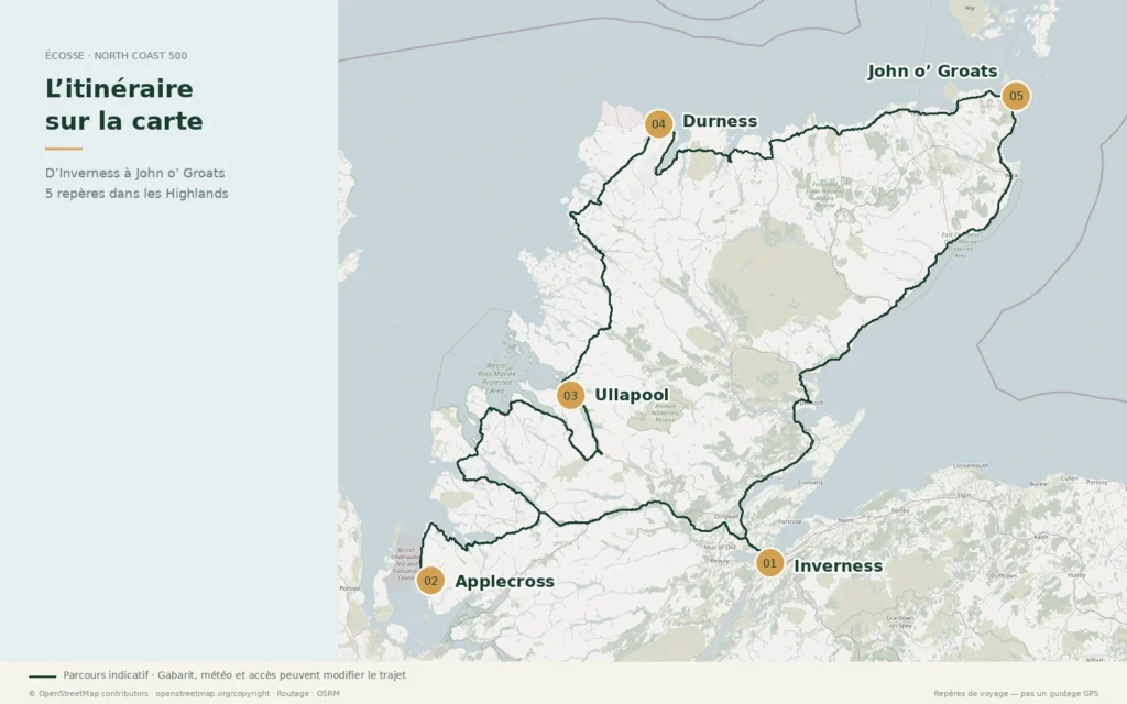Carte indicative de la boucle North Coast 500 en Écosse en camping-car, d’Inverness à John o’ Groats par Applecross, Ullapool et Durness, avec retour à Inverness