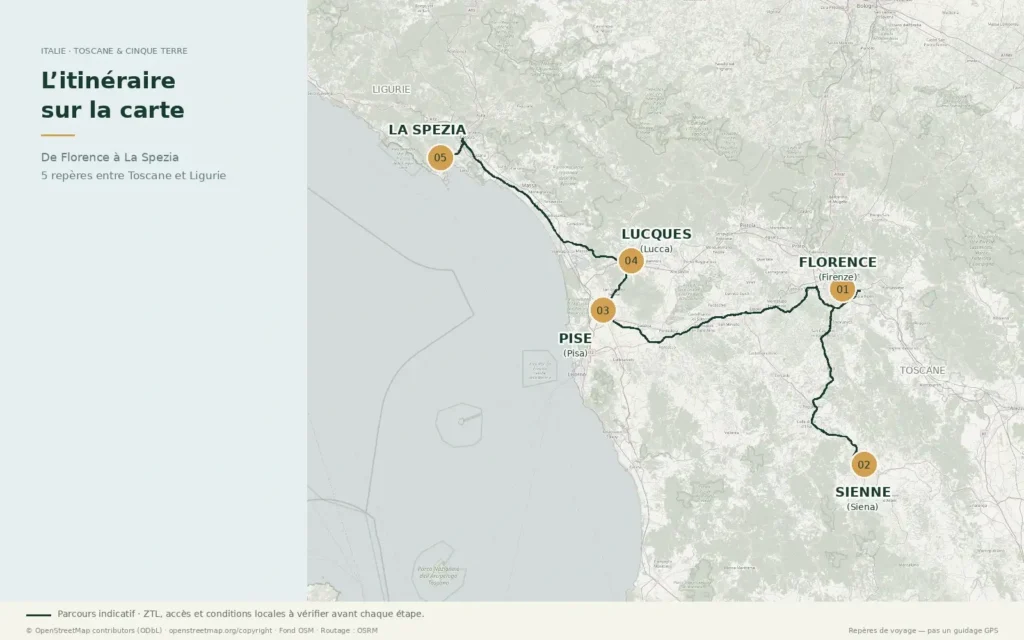 Carte d’un itinéraire en camping-car de Florence à La Spezia via Sienne, Pise et Lucques, entre la Toscane et la Ligurie, pour découvrir les Cinque Terre en train.