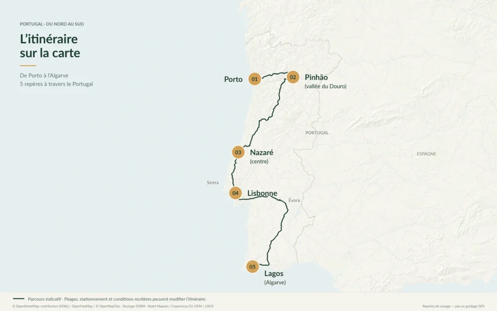 Carte indicative de l'itinéraire en camping-car de Porto à Lagos via le Douro, Nazaré, Lisbonne et l'Alentejo