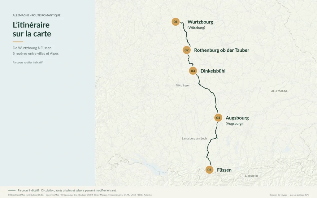 Carte de la Route romantique en Allemagne en camping-car, de Wurtzbourg à Füssen en passant par Rothenburg, Dinkelsbühl et Augsbourg.