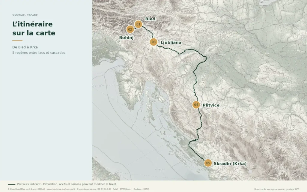 Carte de l’itinéraire Les grands lacs slovènes et les Balkans en camping-car, de Bled à Krka via Bohinj, Ljubljana et Plitvice.