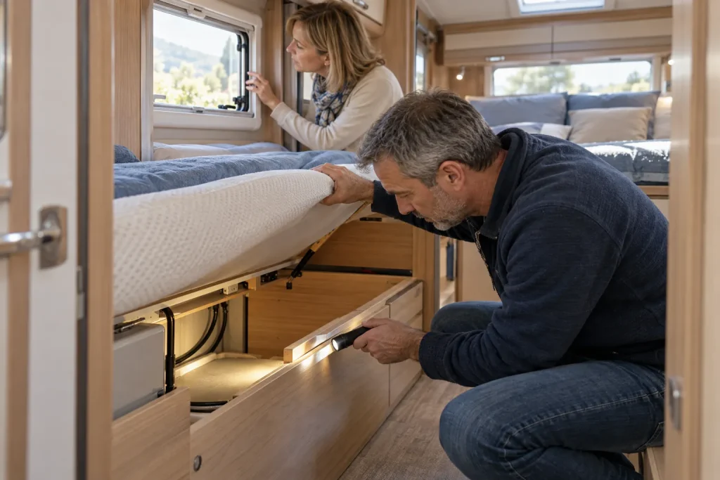 Acheteur inspectant le plancher et les rangements d’un camping-car d’occasion