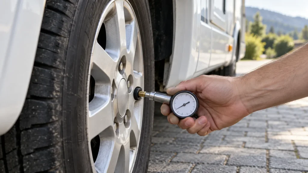 Contrôle de la pression d’un pneu pour vérifier son camping-car avant le départ