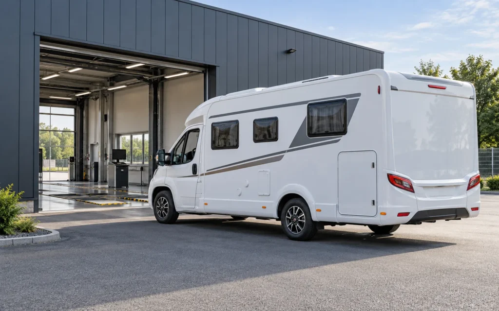 Contrôle technique camping-car : camping-car blanc stationné devant l'entrée d'un centre de contrôle, avec une ligne d'inspection visible à l'intérieur.