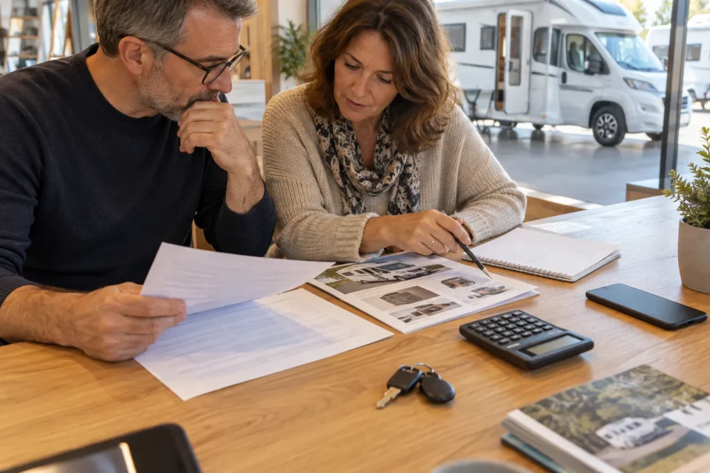 Couple comparant les coûts d’achat d’un camping-car autour de documents et d’une calculatrice