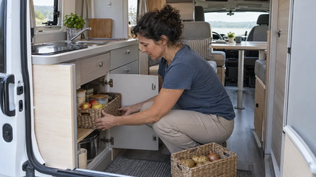 Cuisiner en camping-car : une voyageuse range un panier de provisions dans un placard bas de la kitchenette.