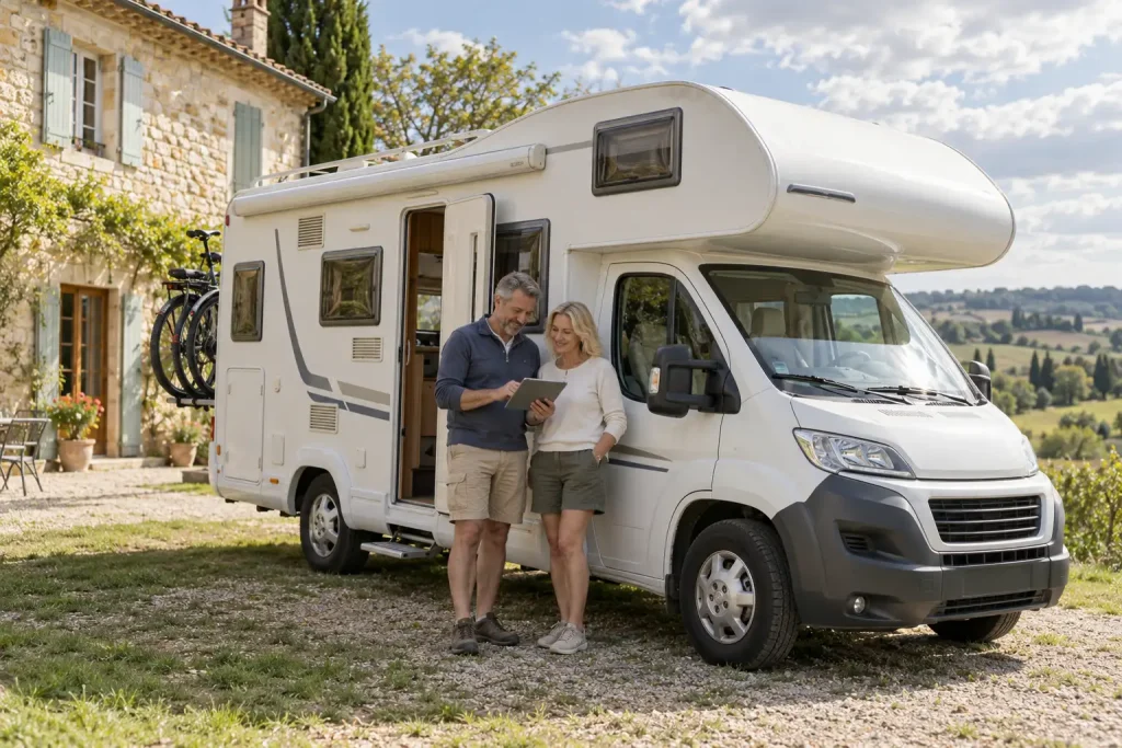 Couple consultant une tablette devant son camping-car pour préparer une demande personnalisée.