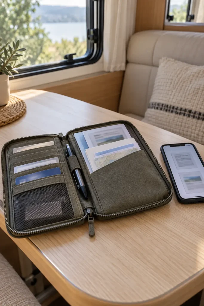 Documents à emporter en camping-car rangés dans une pochette avec un smartphone
