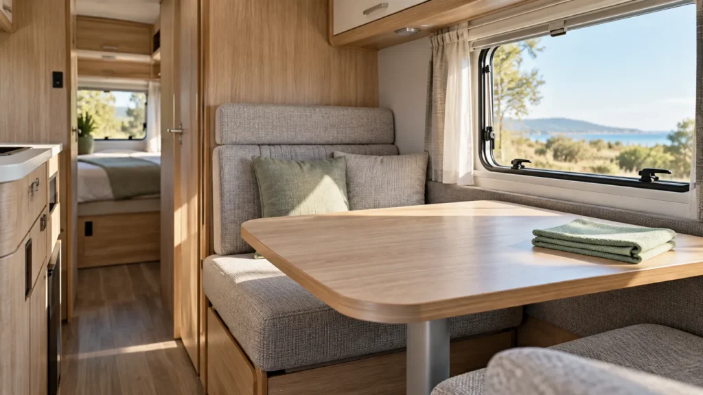 Entretien de la cellule du camping-car : dinette propre et lumineuse avec banquettes en tissu, mobilier en bois et table entretenue.