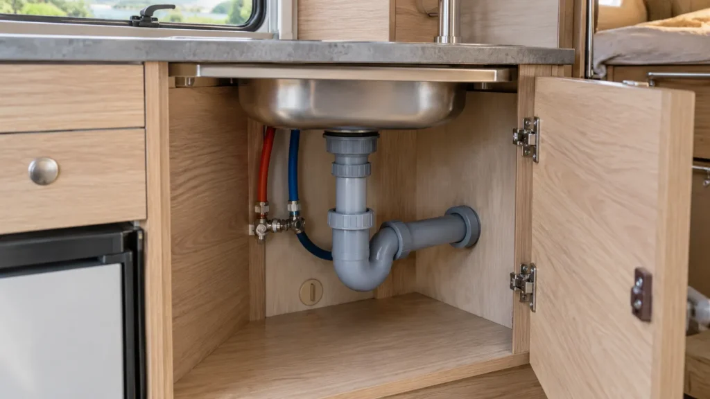 Entretien du circuit d’eau du camping-car : raccords, tuyaux et évacuation visibles sous l’évier de la cellule habitation.