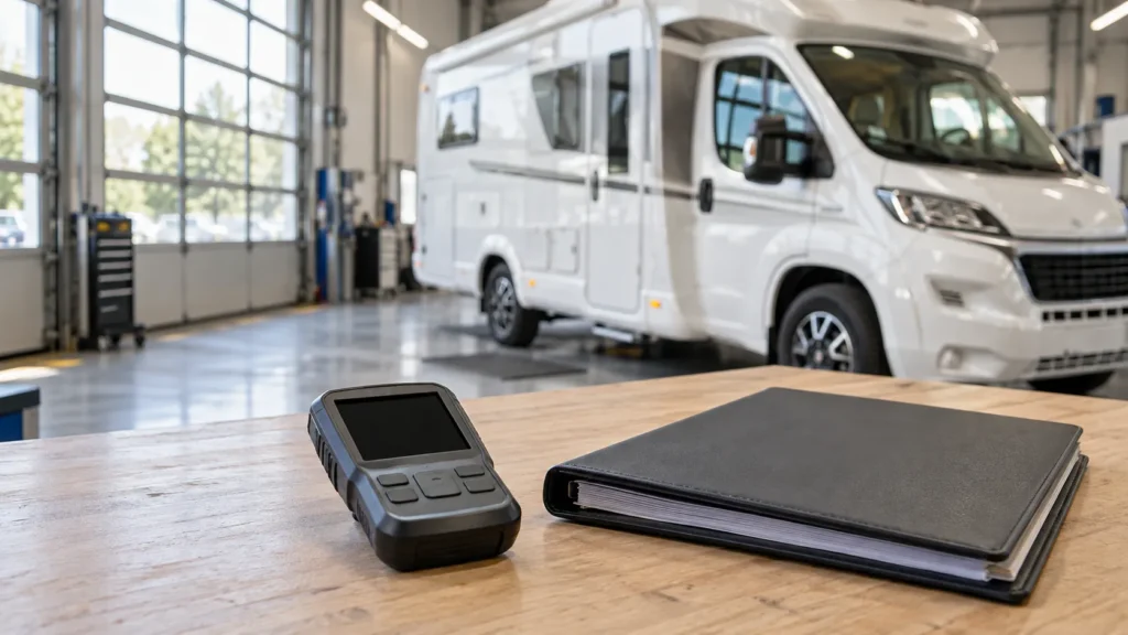 Entretien du circuit électrique du camping-car : appareil de contrôle et classeur posés sur un établi devant un camping-car dans un atelier.