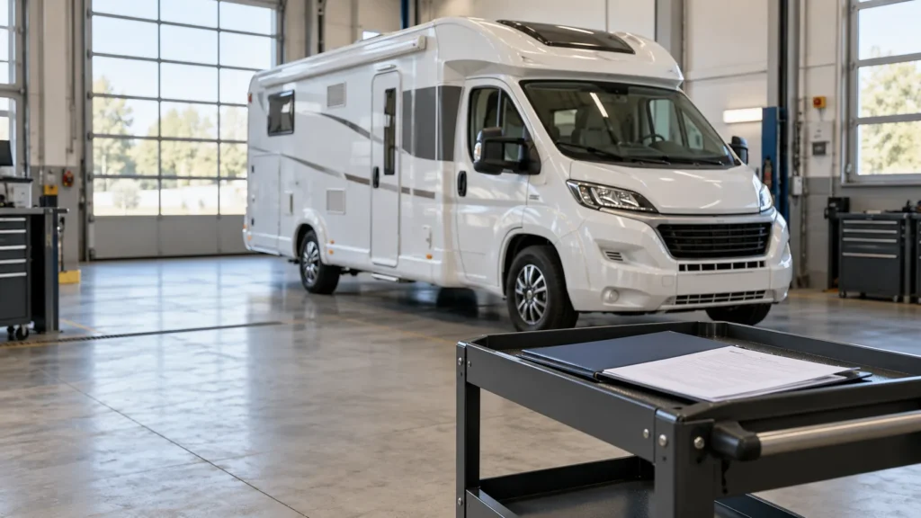 Entretien du moteur du camping-car : véhicule blanc stationné dans un atelier mécanique avec dossier de suivi au premier plan.