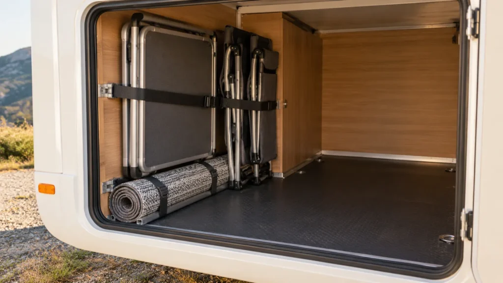 Équipements extérieurs pour camping-car rangés dans une soute : table pliante, chaises pliantes et tapis extérieur maintenus par des sangles.