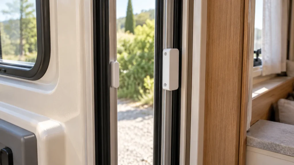Équipements de sécurité pour camping-car : détail d’un contact magnétique d’ouverture installé sur la porte d’entrée.
