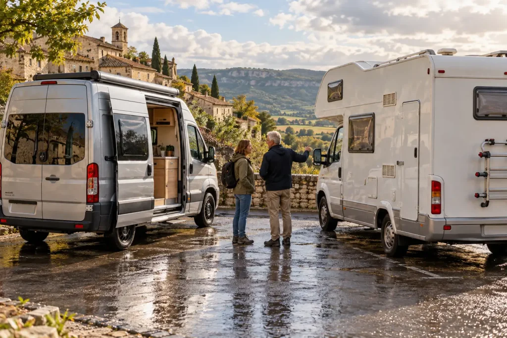 Deux camping-cars de gammes différentes avec leurs propriétaires échangeant à proximité.