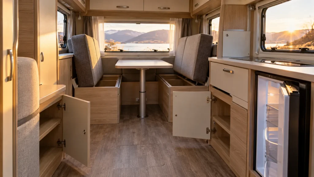 Hiverner son camping-car : intérieur de la cellule avec placards, coffres et réfrigérateur ouverts pour préparer une immobilisation prolongée.