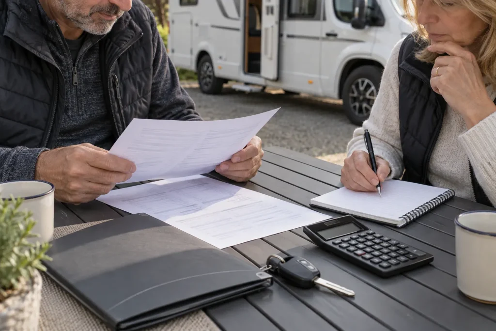 Acheteurs vérifiant les documents avant l’achat d’un camping-car d’occasion