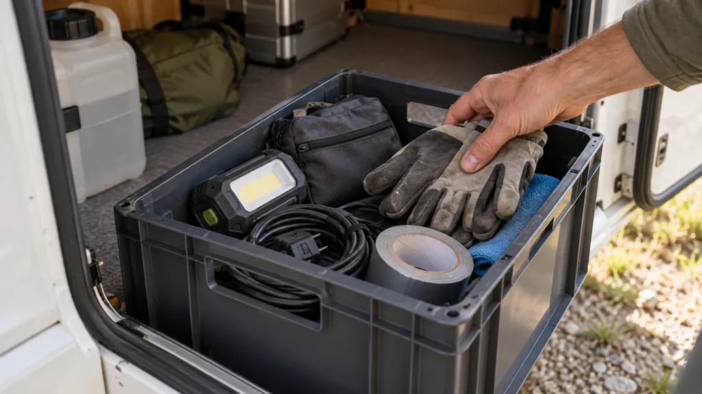 Caisse de rangement avec lampe, gants, câble et petit matériel utile dans la soute d’un camping-car