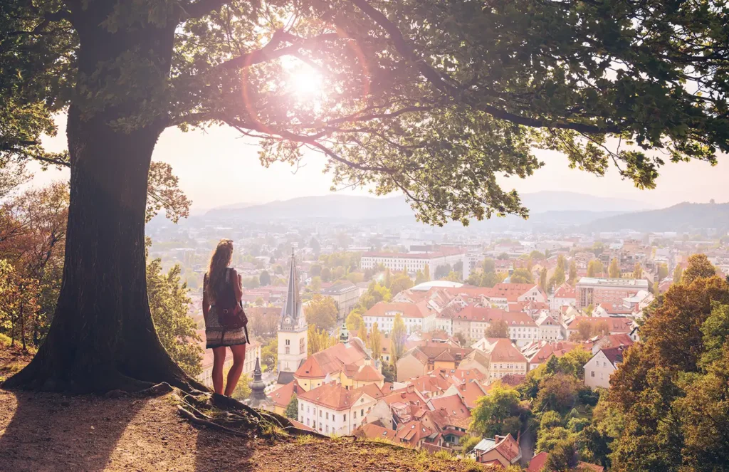 Voyageuse debout sous un grand arbre, contemplant les toits rouges et les clochers de Ljubljana en Slovénie, dans la lumière du soleil