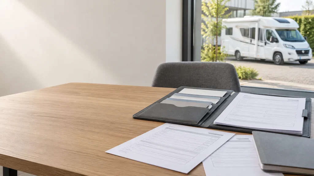 Permis pour conduire un camping-car : dossier de bord et formulaires administratifs sur une table, avec un camping-car visible à travers la fenêtre.