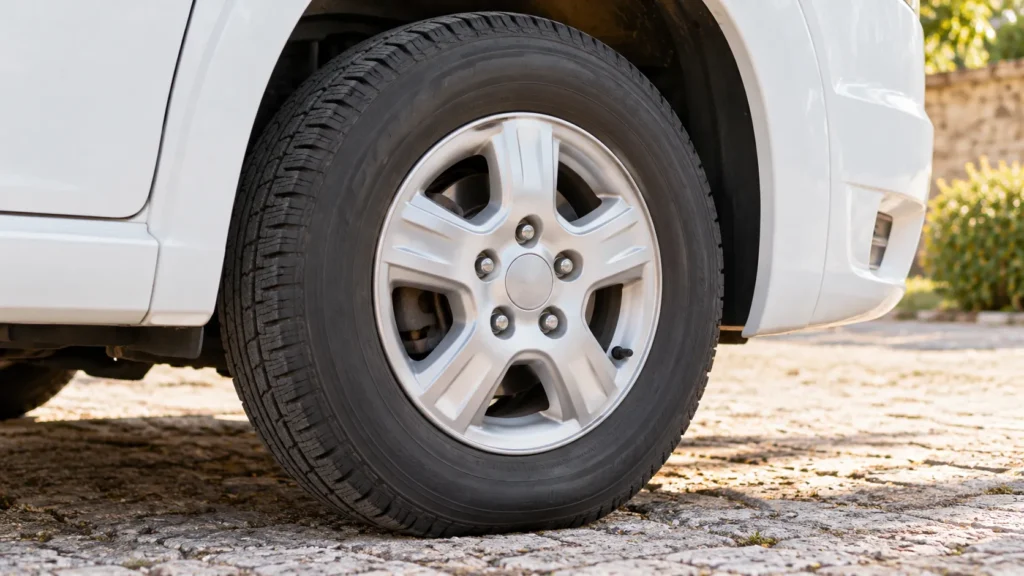 Pneus de camping-car : gros plan sur une roue avant, sa bande de roulement et son flanc, sur un sol en gravier.