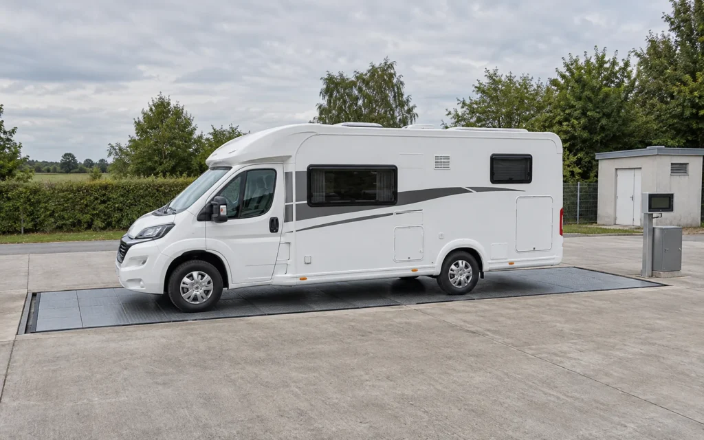 PTAC camping-car : camping-car blanc positionné sur un pont-bascule extérieur pour vérifier son poids réel.