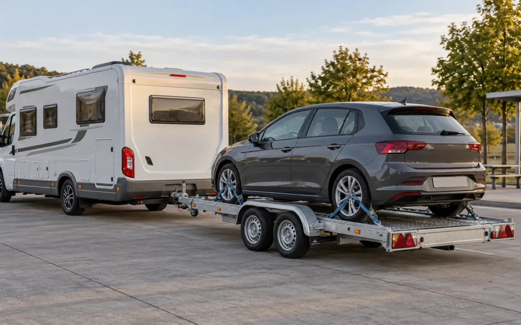 Remorquer une voiture avec un camping-car : citadine grise arrimée sur une remorque porte-voiture à double essieu, attelée à un camping-car blanc.