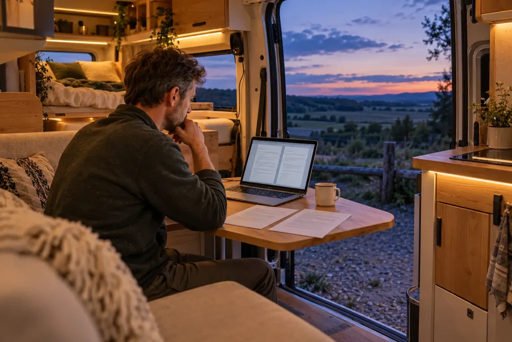 Propriétaire consultant deux propositions d’assurance depuis l’intérieur de son camping-car.