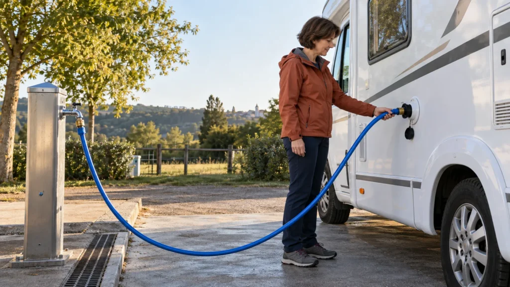 Gérer l’eau en camping-car : une voyageuse remplit le réservoir d’eau propre sur une aire de service.