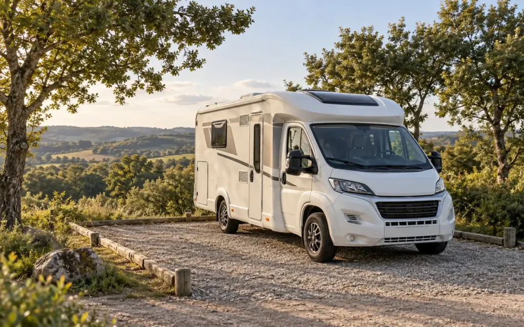 Stationnement en camping-car sur une aire gravillonnée aménagée, bordée d'arbres, avec une vue sur les collines environnantes.